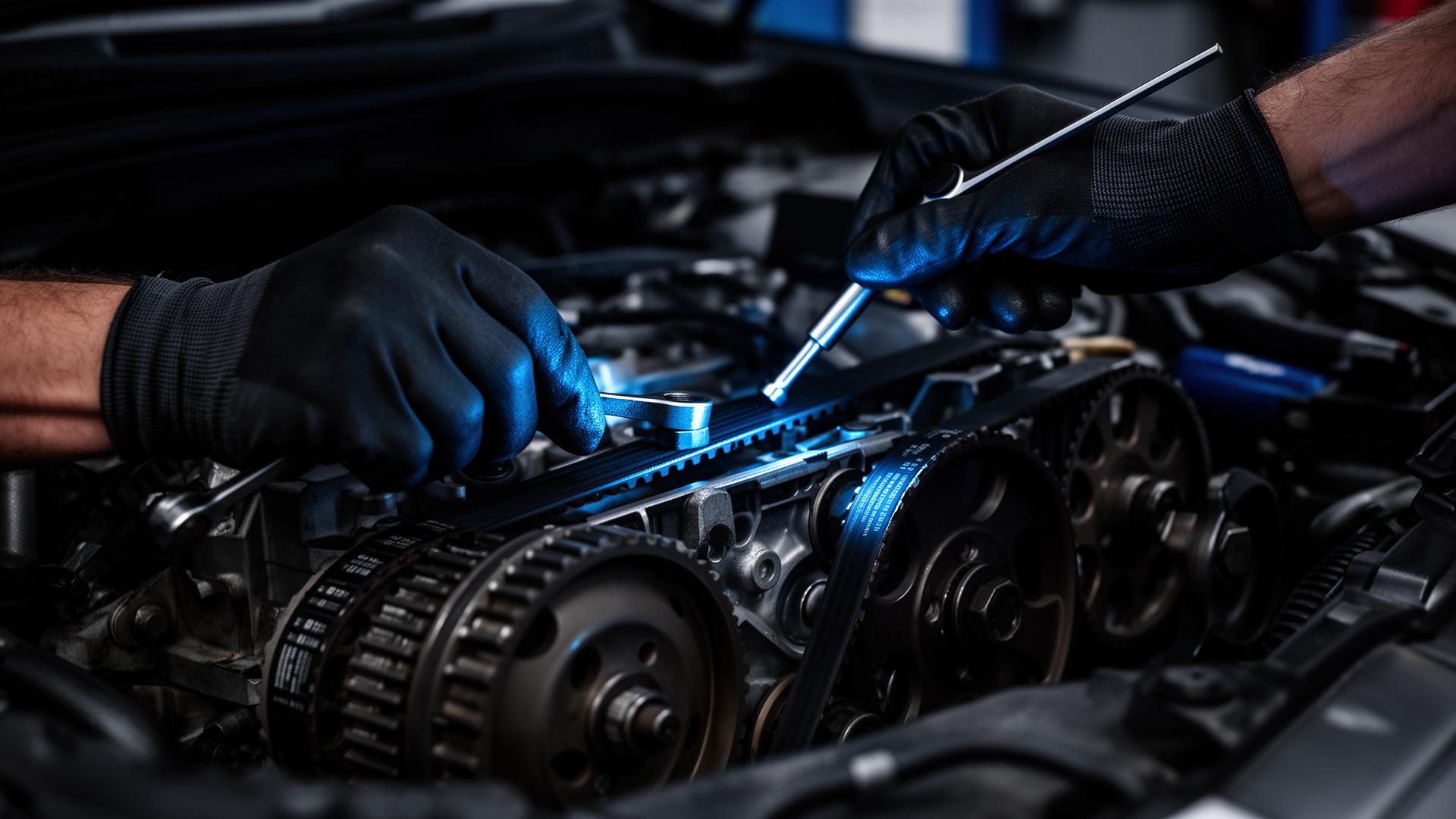 Mechanic working on a cambelt in an engine bay